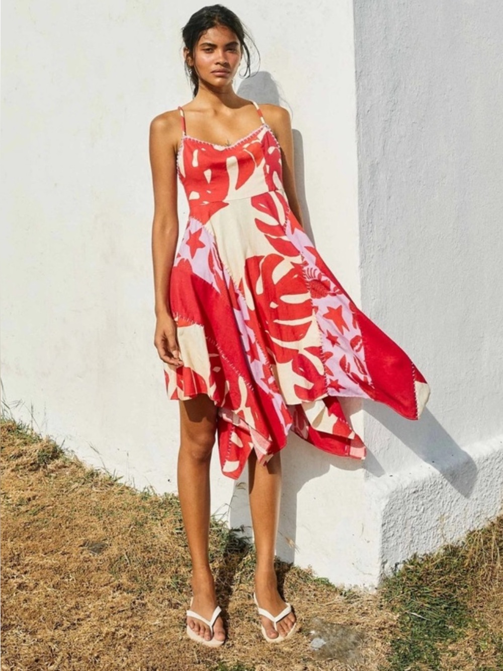 Red Floral Handkerchief-Hem Sundress